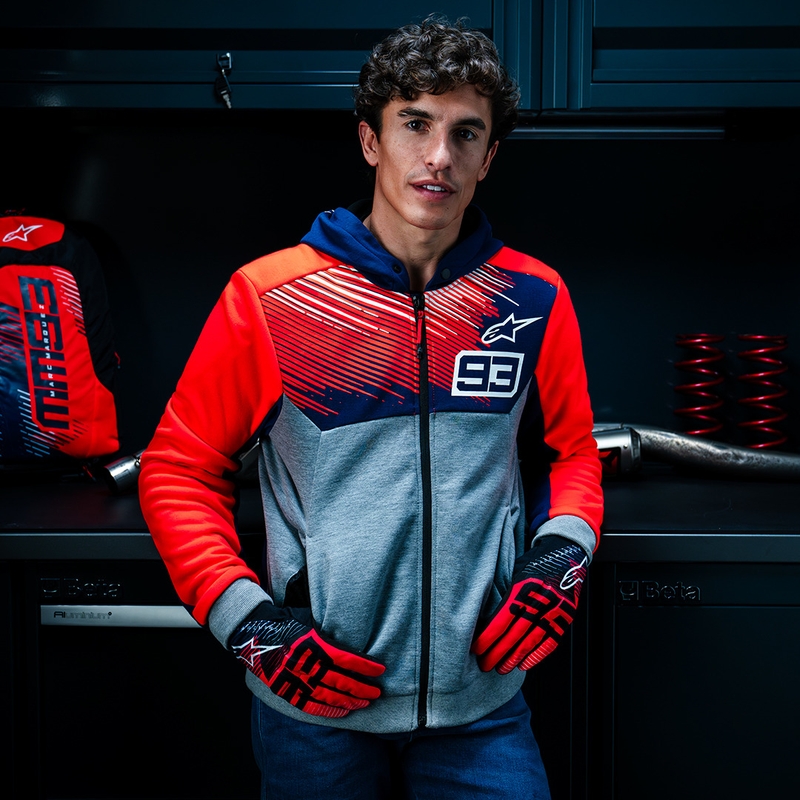 Felpa con cappuccio Alpinestars Chrome V2 Sport MM93 collezione grigio chiaro-blu-rosso fluo