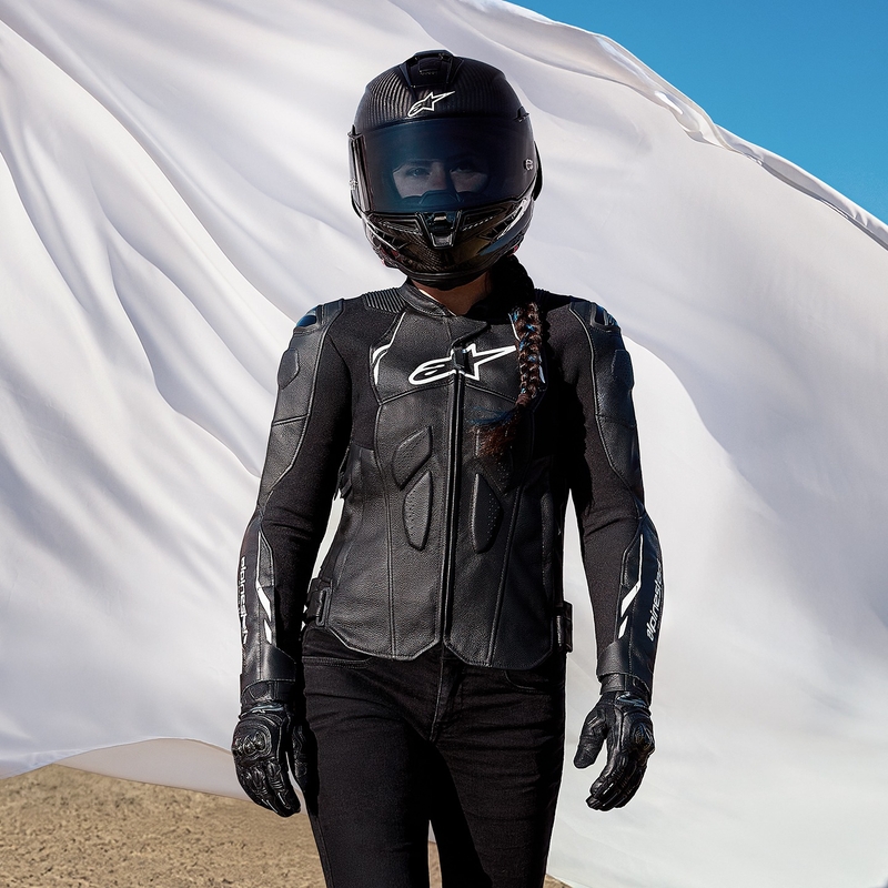 Giacca da moto in pelle da donna Alpinestars Stella Dusk nera-bianca