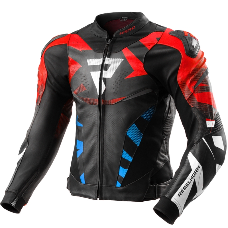 Giacca moto in pelle Rebelhorn Inferno nero-blu-bianco-rosso