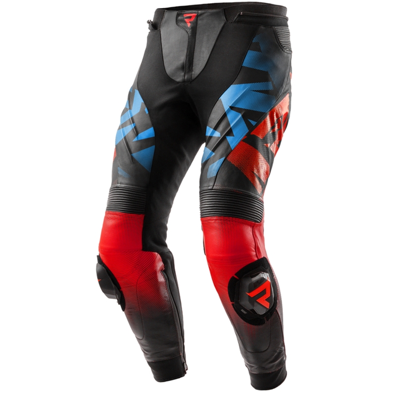 Pantaloni in pelle da motociclista Rebelhorn Inferno nero-blu-bianco-rosso