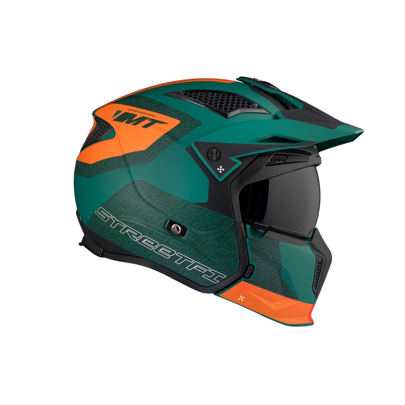 Casco jet con maschera MT Streetfighter SV Totem C6 nero-arancio-verde con plexiglass iridium