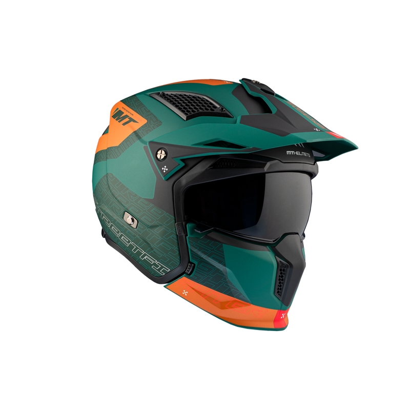 Casco jet con maschera MT Streetfighter SV Totem C6 nero-arancio-verde con plexiglass iridium