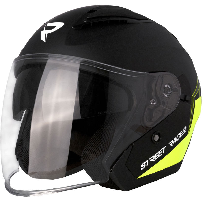 Casco da moto jet Street Racer Sonic nero opaco-giallo fluo - II. qualità