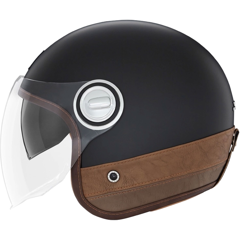 Casco da moto aperto NOX PREMIUM Heritage, nero opaco con inserti in pelle marrone.
