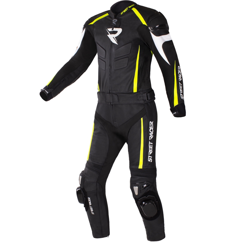 Tuta da motociclista in pelle Street Racer Fast Track 2.1 nero-giallo fluo-bianco