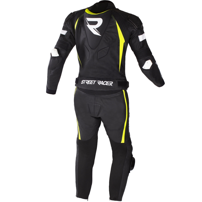 Tuta da motociclista in pelle Street Racer Fast Track 2.1 nero-giallo fluo-bianco