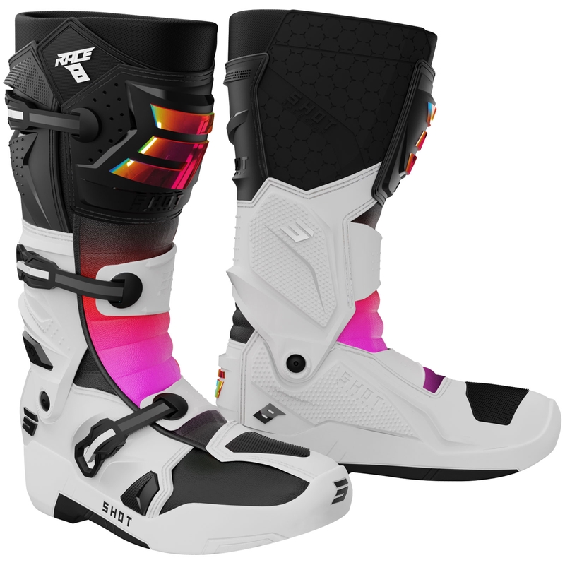 Stivali da motocross Shot Race 8 olografici bianco-nero-rosa