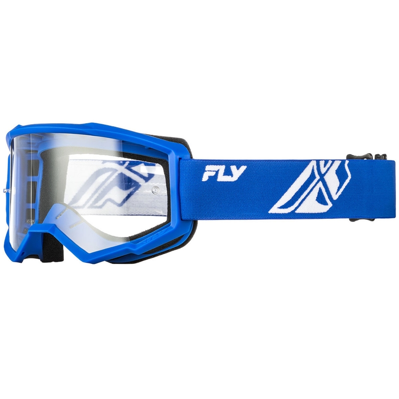 Occhiali da motocross Fly Racing Focus blu-bianchi con plexiglass trasparente