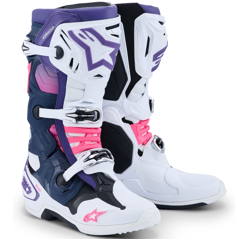 Stivali da moto Alpinestars Tech 10 bianco-viola-blu-rosa fluo