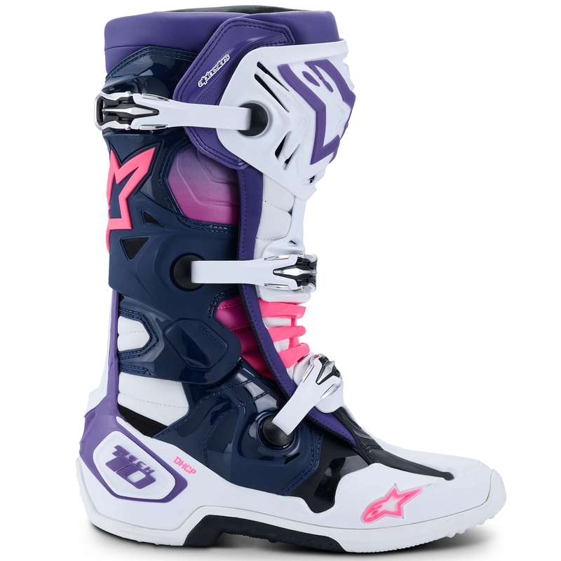 Stivali da moto Alpinestars Tech 10 bianco-viola-blu-rosa fluo