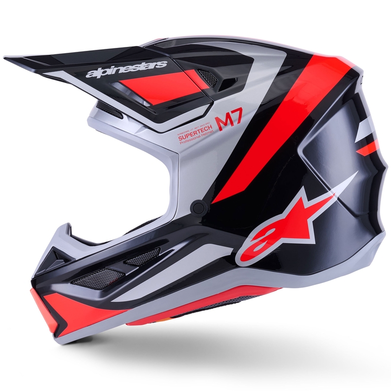 Casco da motocross Alpinestars SM7 Rise nero-argento-rosso fluo