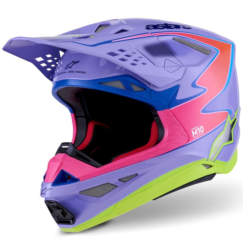 Casco da motocross Alpinestars S-M10 JETT LAWRENCE R01 viola-rosa fluo-giallo fluo
