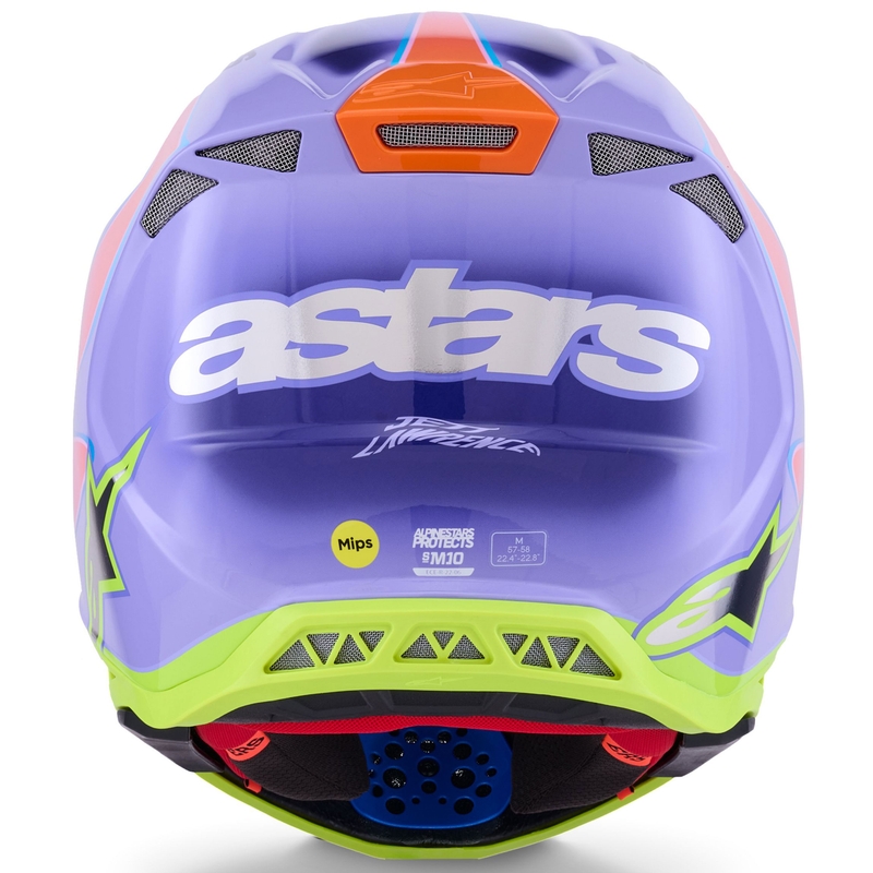 Casco da motocross Alpinestars S-M10 JETT LAWRENCE R01 viola-rosa fluo-giallo fluo