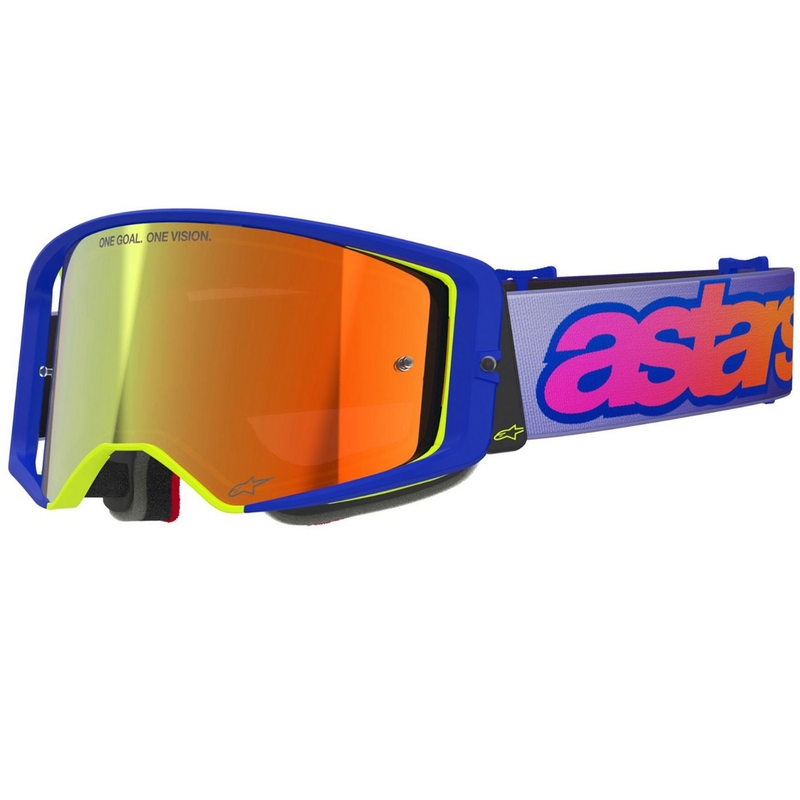 Occhiali da motocross Alpinestars Supertech Vision Vista blu-giallo-viola con lente rossa a specchio