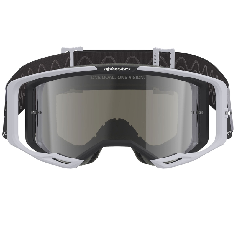 Maschera da motocross Alpinestars Supertech Vision 8 Lahnd bianco-nero con lente specchiata argento