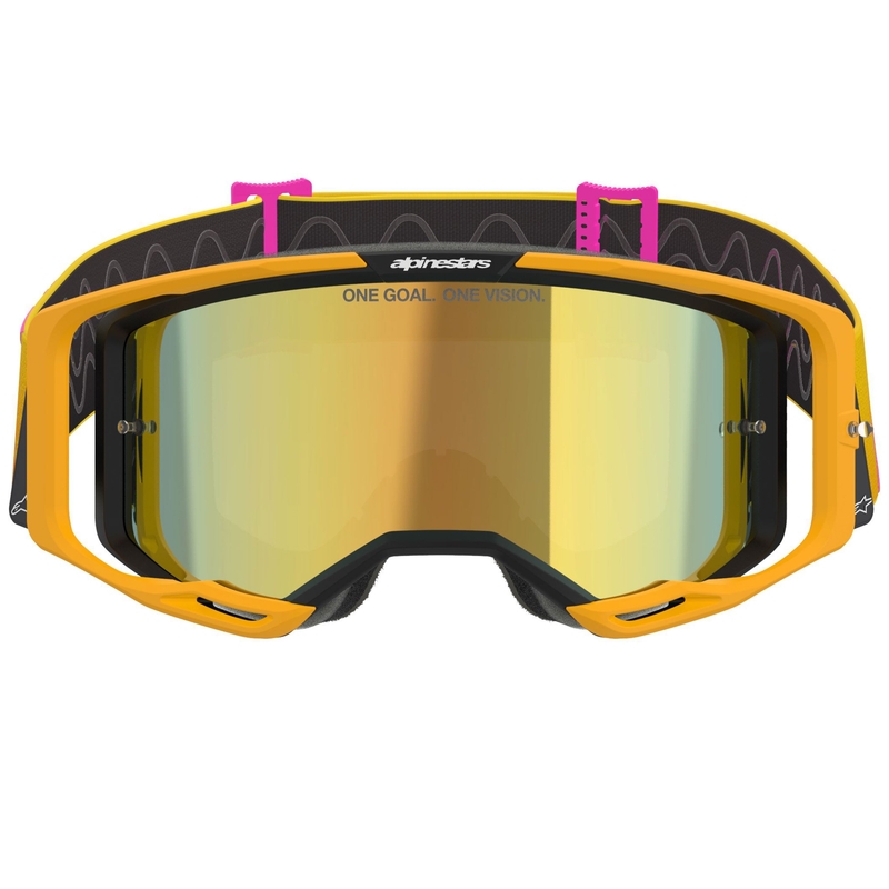 Occhiali da motocross Alpinestars Vision 8 Corp arancio-giallo-rosa con lente specchiata dorata