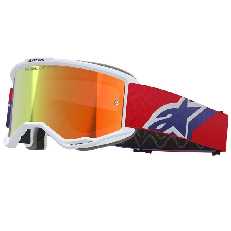 Occhiali da motocross Alpinestars Vision 5 Corp bianco-blu-rosso con lente rossa a specchio