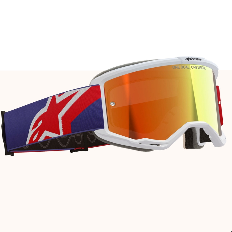 Occhiali da motocross Alpinestars Vision 5 Corp bianco-blu-rosso con lente rossa a specchio