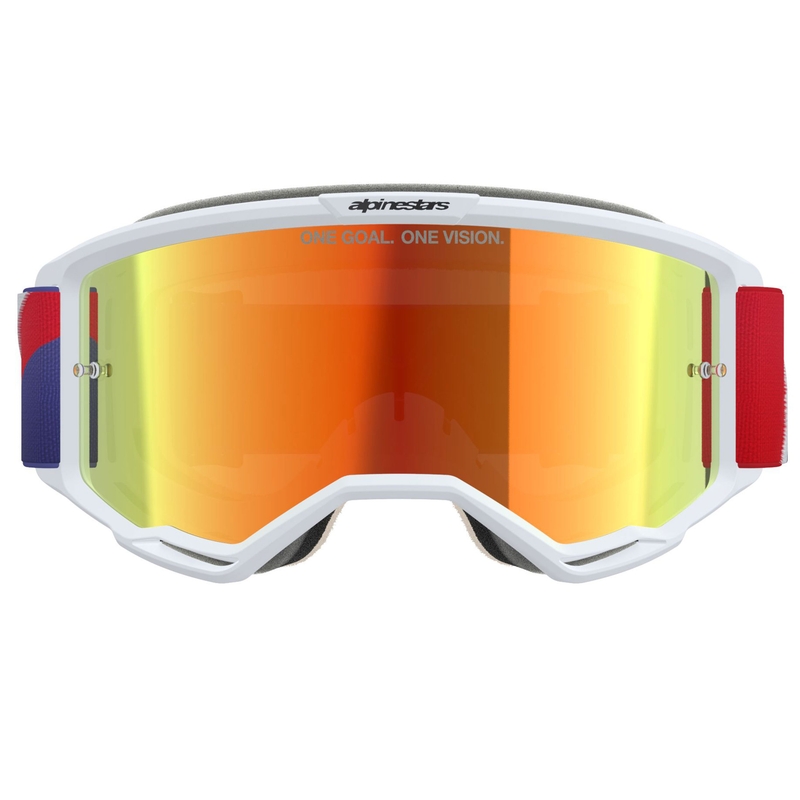 Occhiali da motocross Alpinestars Vision 5 Corp bianco-blu-rosso con lente rossa a specchio