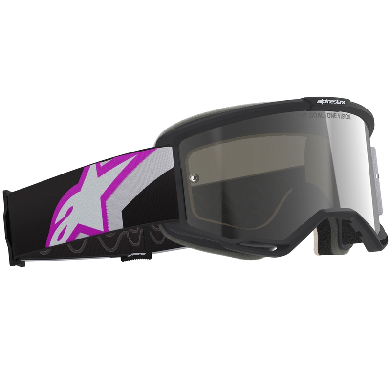 Occhiali da motocross Alpinestars Vision 5 Corp neri-grigi-viola-bianchi con lente a specchio argento
