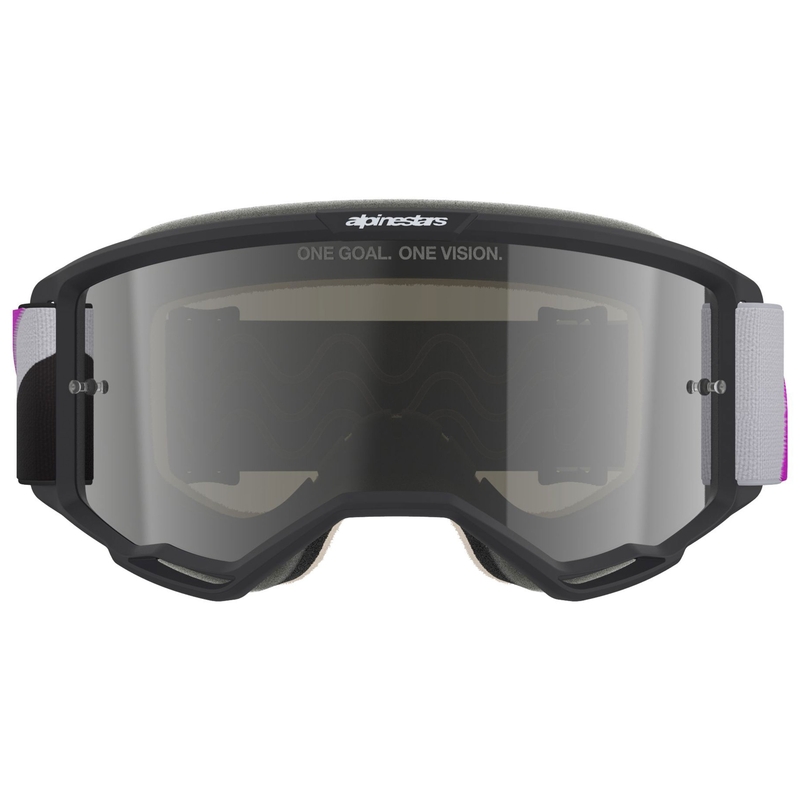 Occhiali da motocross Alpinestars Vision 5 Corp neri-grigi-viola-bianchi con lente a specchio argento