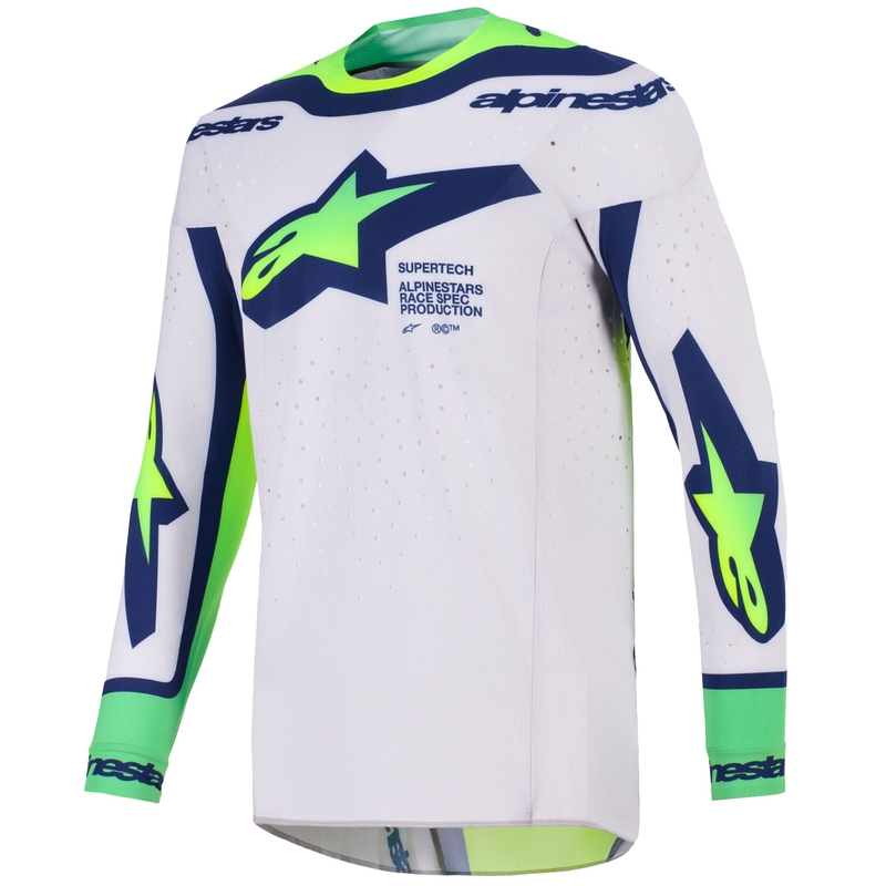 Maglia da motocross Alpinestars Supertech Vista grigio chiaro-giallo fluo-verde-blu-rosa