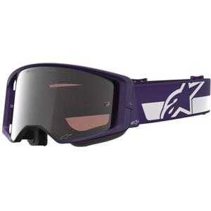 Occhiali da motocross Alpinestars Supertech Vision Hunta96 XXV viola-bianco con plexiglass specchiato argento