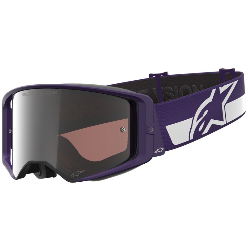 Occhiali da motocross Alpinestars Supertech Vision Hunta96 XXV viola-bianco con plexiglass specchiato argento