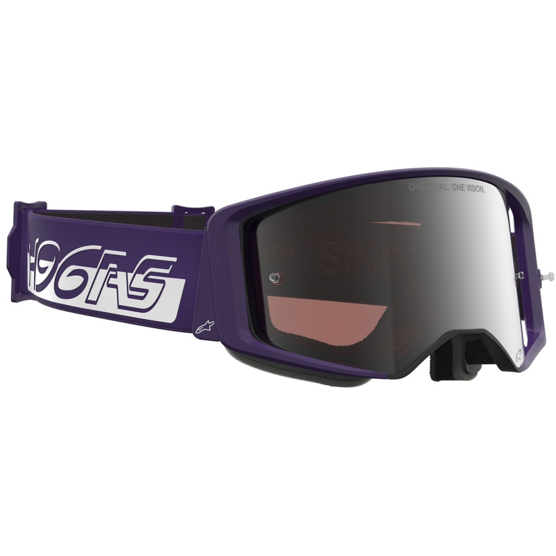 Occhiali da motocross Alpinestars Supertech Vision Hunta96 XXV viola-bianco con plexiglass specchiato argento