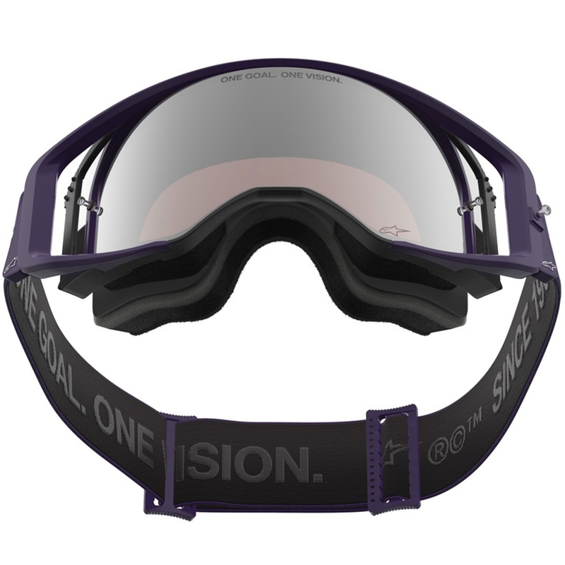 Occhiali da motocross Alpinestars Supertech Vision Hunta96 XXV viola-bianco con plexiglass specchiato argento