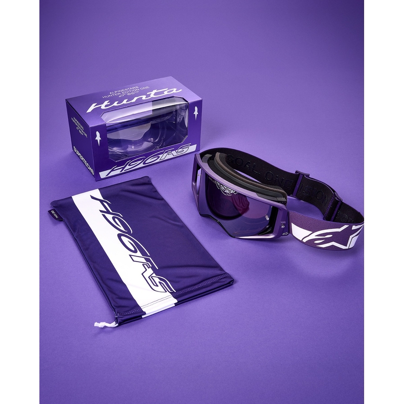 Occhiali da motocross Alpinestars Supertech Vision Hunta96 XXV viola-bianco con plexiglass specchiato argento