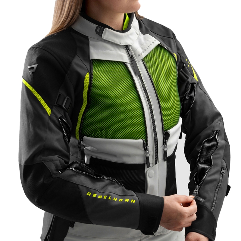 Giacca da moto da donna Rebelhorn Hardy 3.0 nero-grigio-giallo fluo