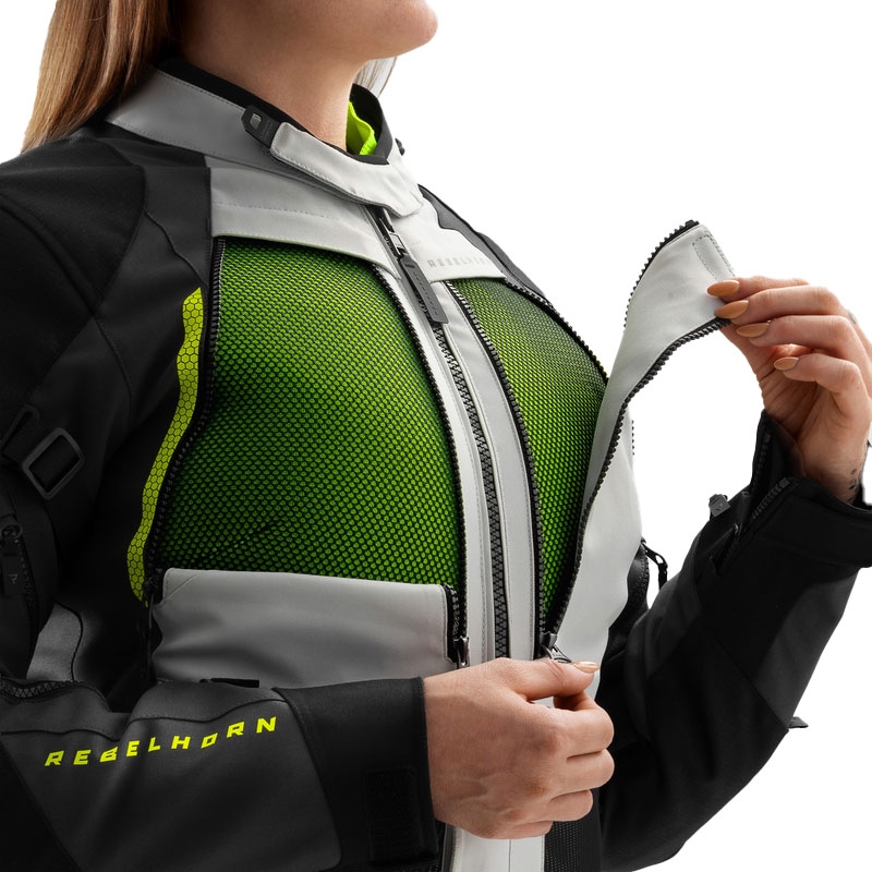 Giacca da moto da donna Rebelhorn Hardy 3.0 nero-grigio-giallo fluo