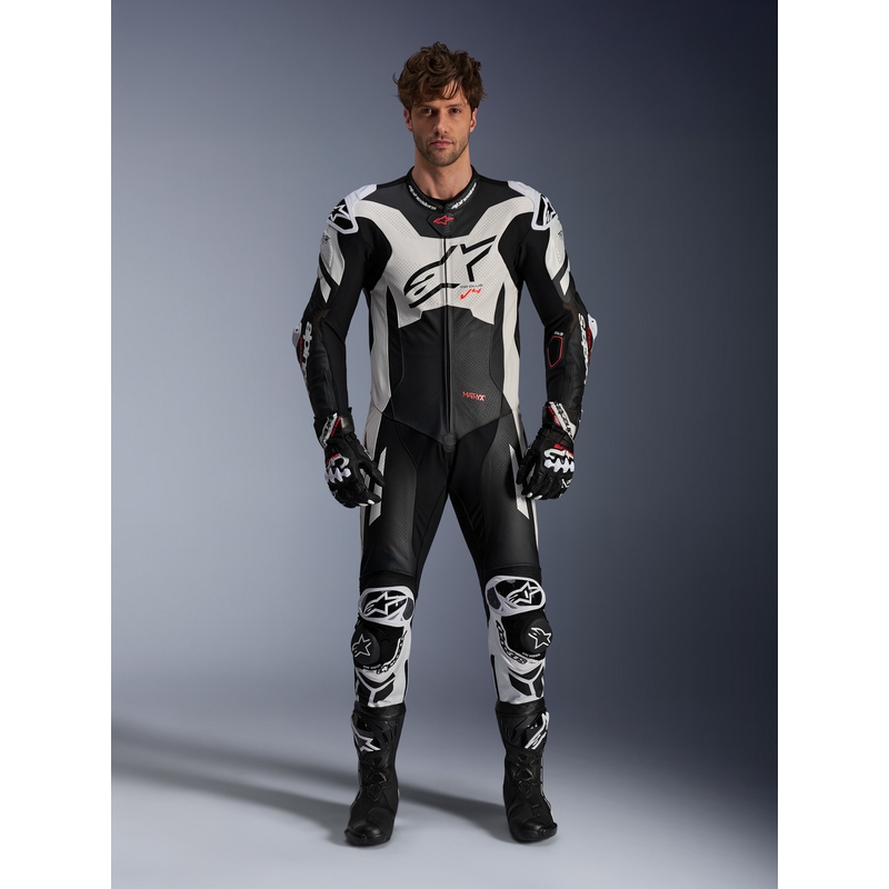 Tuta in pelle monopezzo Alpinestars GP Plus V4 Sprint, compatibile con Tech-air, nera, bianca e rossa fluo