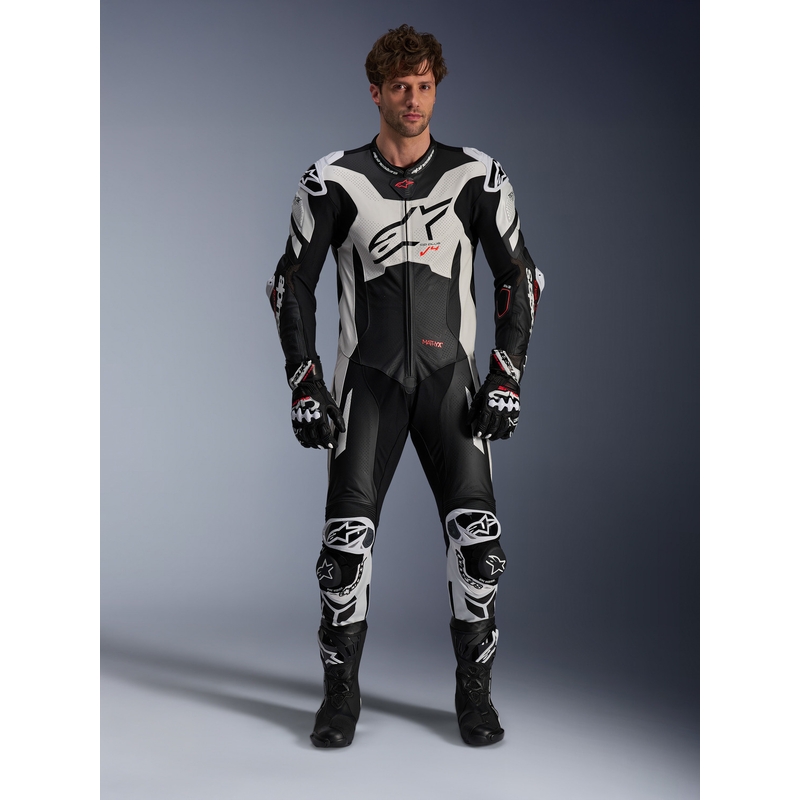 Tuta in pelle monopezzo Alpinestars GP Plus V4 Sprint, compatibile con Tech-air, nera, bianca e rossa fluo