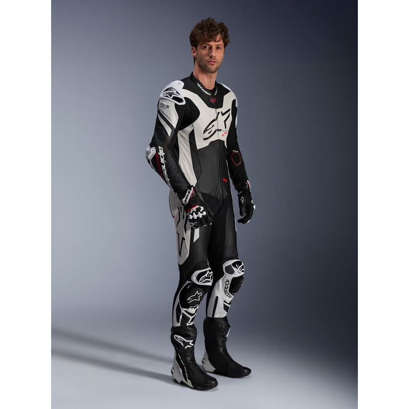 Tuta in pelle monopezzo Alpinestars GP Plus V4 Sprint, compatibile con Tech-air, nera, bianca e rossa fluo