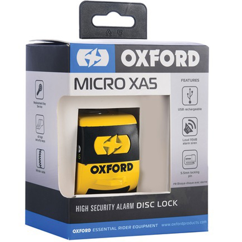 Lucchetto per freno a disco Oxford Micro XA5 con allarme integrato giallo-nero