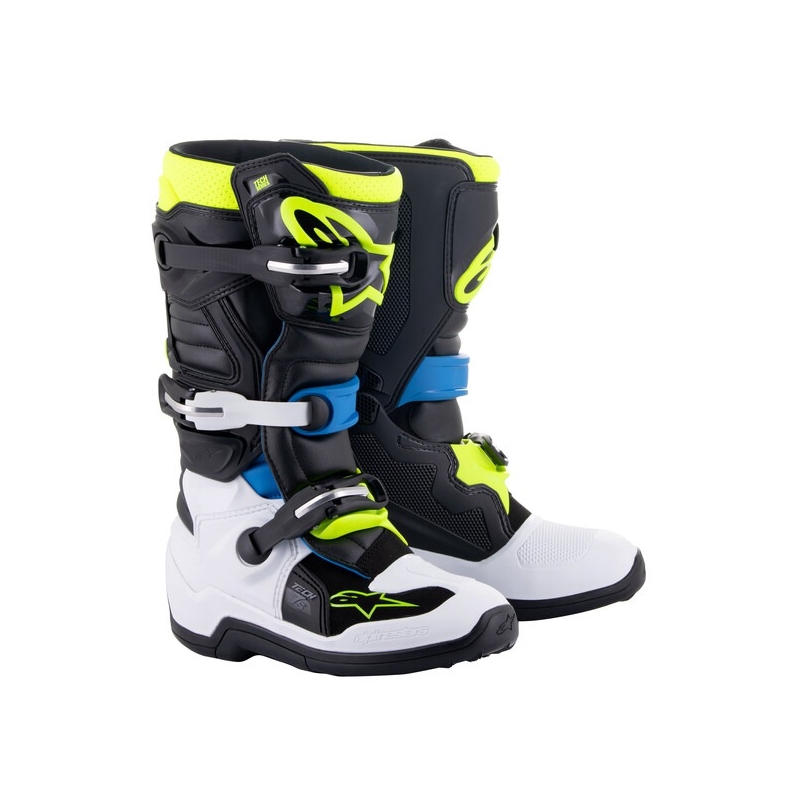 Stivali da moto per bambini Alpinestars Tech 7 S nero-bianco-giallo fluo-blu