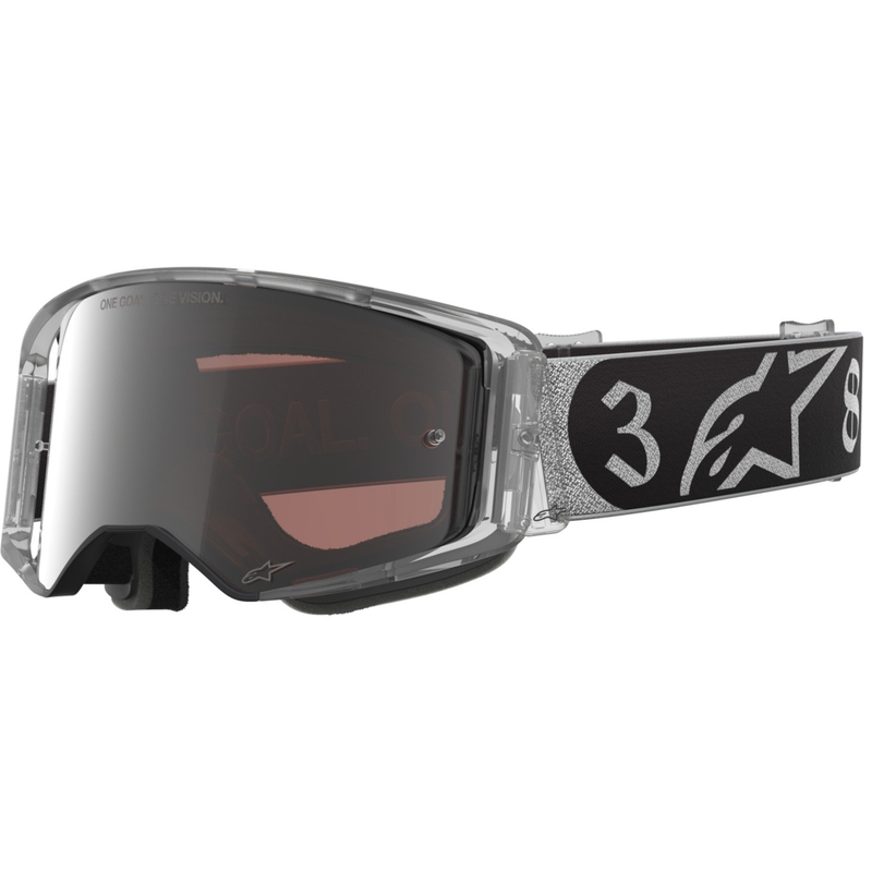 Occhiali da motocross Alpinestars Supertech Vision DNGR38 XXV nero-argento con plexiglass specchiato argento