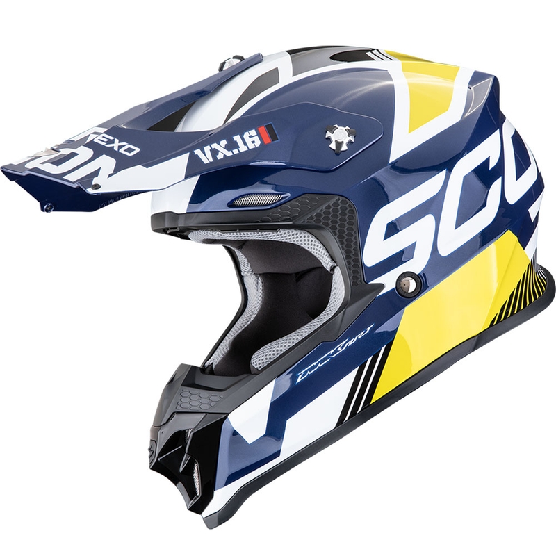 Casco da motocross Scorpion VX-16 EVO Air Analog bianco-blu-giallo