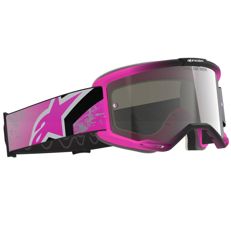 Occhiali da motocross Alpinestars Vision 5 Lahnd rosa fluo-grigio-nero-bianco con lente a specchio argento