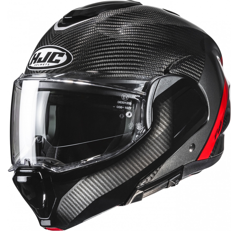 Casco da moto flip-up HJC F100 Carbon Stan MC1 nero-rosso