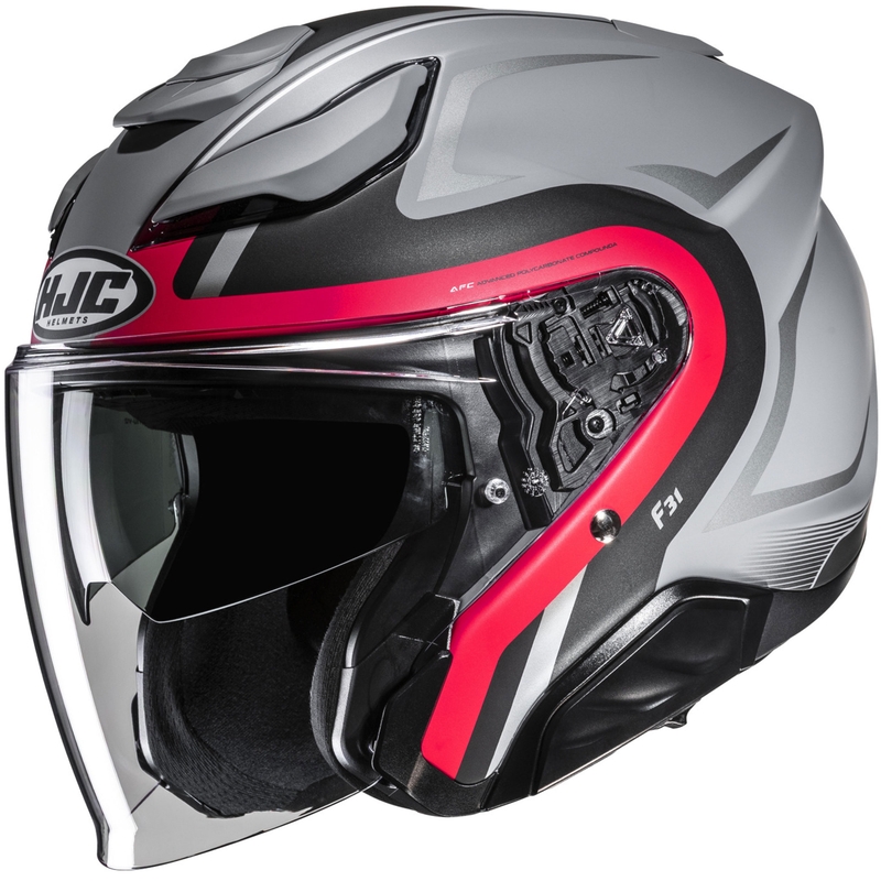 Casco da moto jet HJC F31 Bask MC1SF grigio-rosso-nero