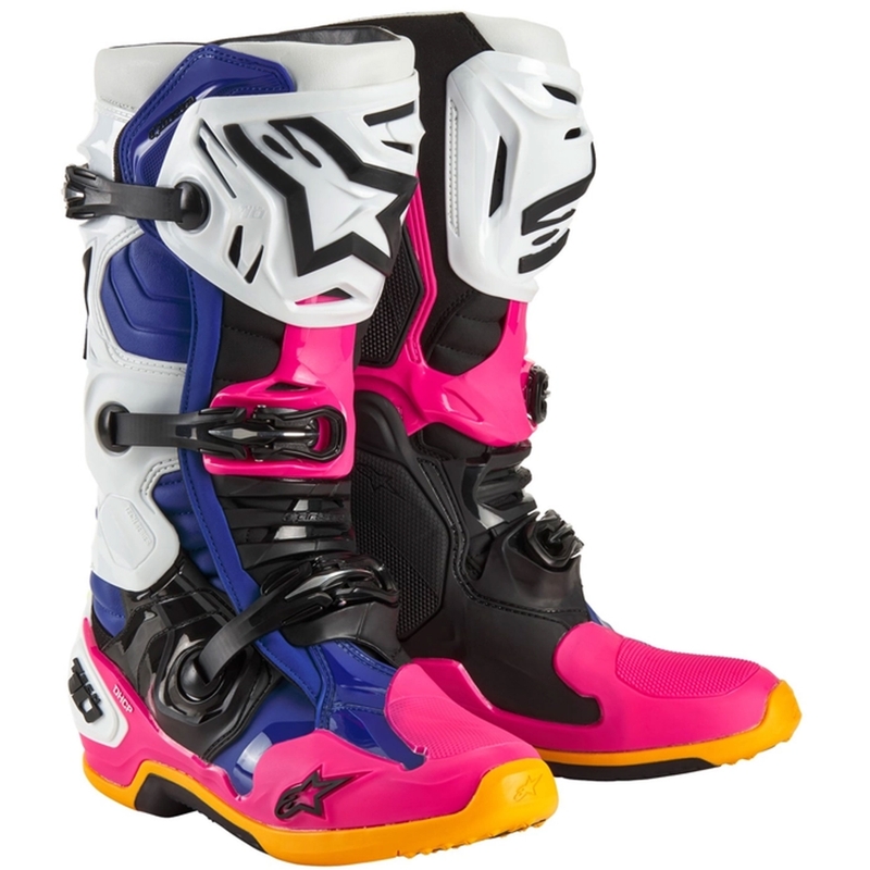 Alpinestars Tech 10 Limited Edition Coast bianco-blu scuro-rosa-giallo fluo-arancio-nero stivali da moto