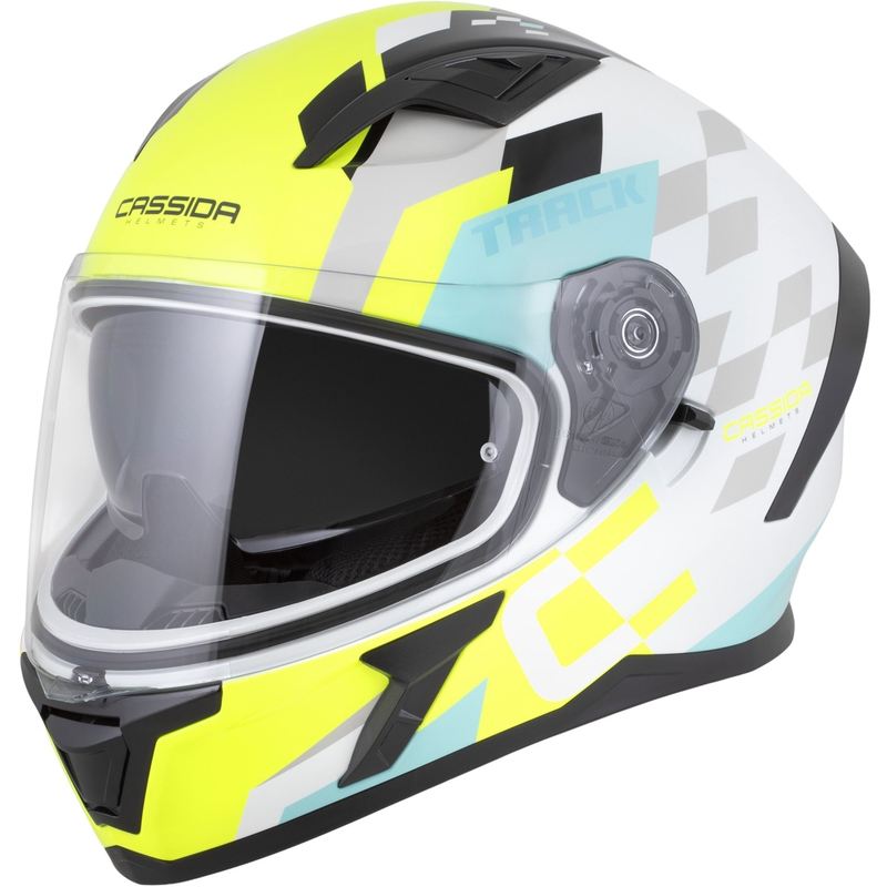 Casco integrale da moto Cassida Orbit Track bianco-giallo fluo-turchese-nero