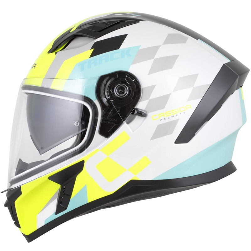 Casco integrale da moto Cassida Orbit Track bianco-giallo fluo-turchese-nero
