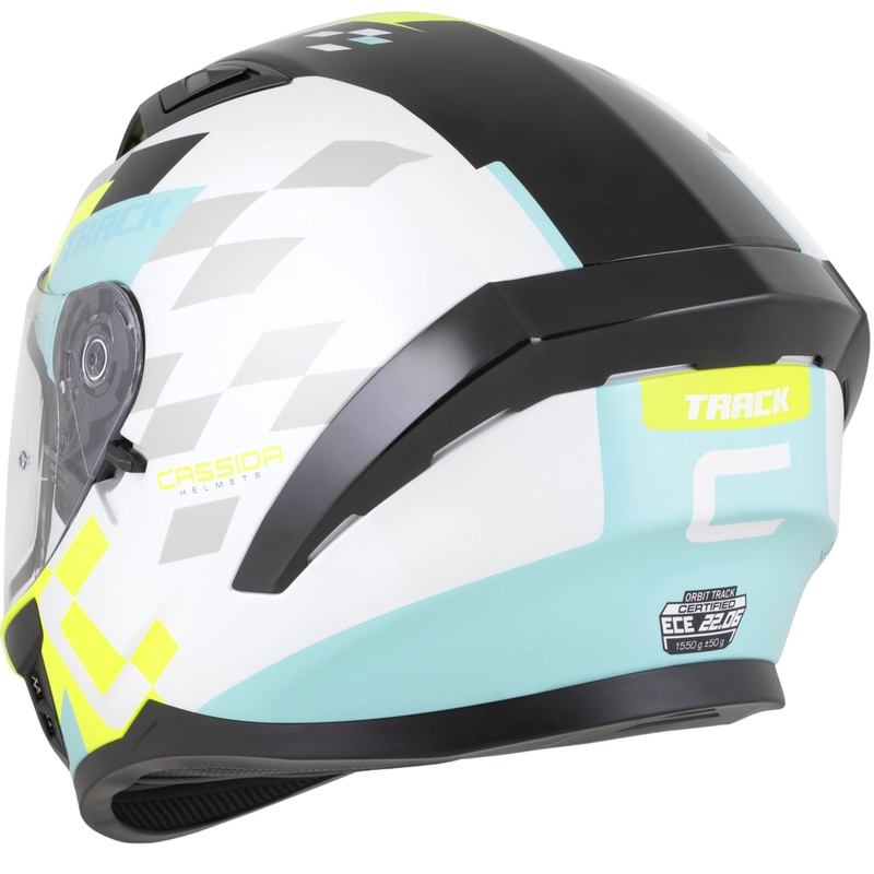 Casco integrale da moto Cassida Orbit Track bianco-giallo fluo-turchese-nero