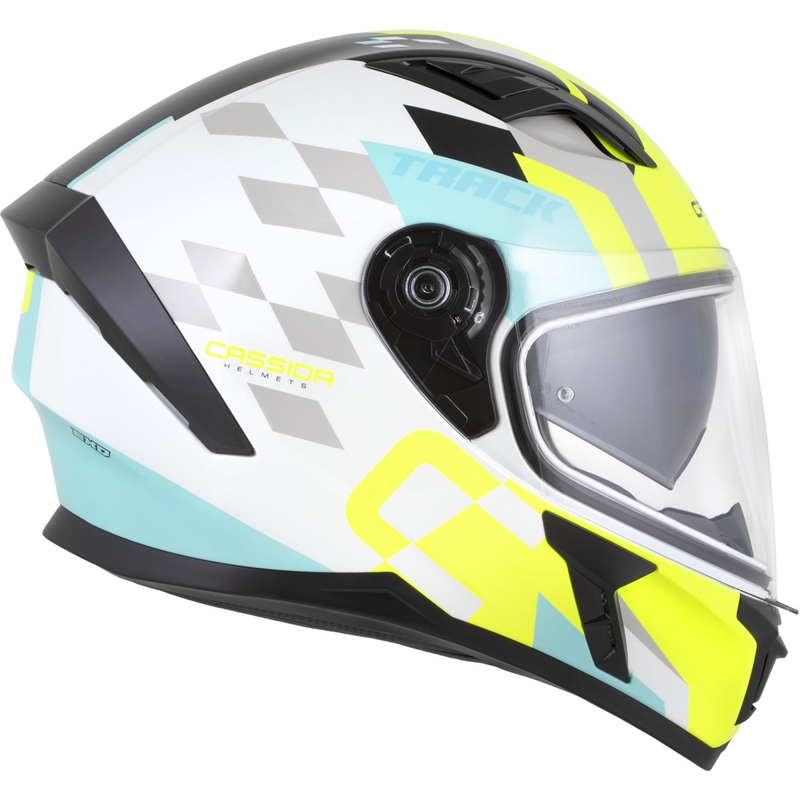 Casco integrale da moto Cassida Orbit Track bianco-giallo fluo-turchese-nero