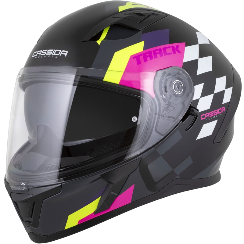 Casco integrale da moto Cassida Orbit Track nero-rosa-viola-giallo fluo-bianco