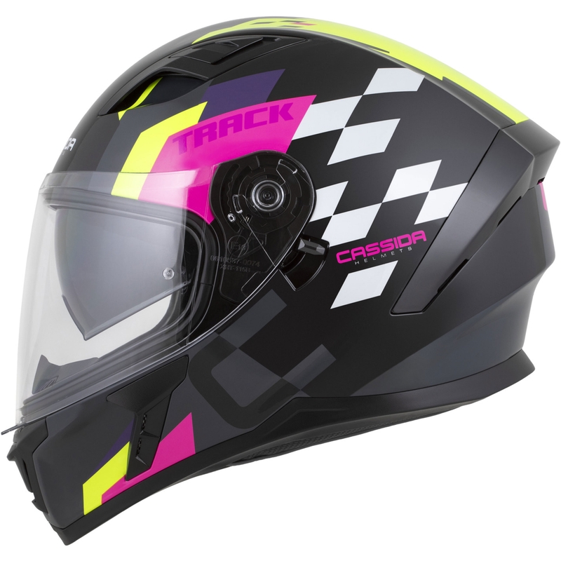 Casco integrale da moto Cassida Orbit Track nero-rosa-viola-giallo fluo-bianco